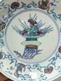 A Chinese doucai 'flower basket' plate, Chenghua mark, 18/19th C.