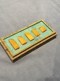 Five small Chinese tianhuang seals with a box, Eryue Xuan 二樂軒, Xinyu 心畬, Fu Ru 溥儒, Jiu Wangsun 舊王孫 and Luoshi Huiguan 羅室會館 mark, 19/20th C.