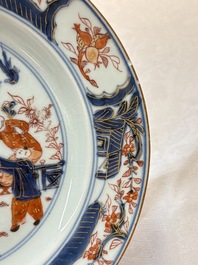 A Chinese Imari-style 'lady and boys' plate and a famille verte 'lotus' plate, Kangxi/Yongzheng