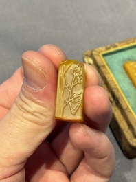 Five small Chinese tianhuang seals with a box, Eryue Xuan 二樂軒, Xinyu 心畬, Fu Ru 溥儒, Jiu Wangsun 舊王孫 and Luoshi Huiguan 羅室會館 mark, 19/20th C.