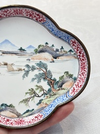 A pair of Chinese Canton enamel quadrifoil 'river landscape' saucers, Yi Qi 亦奇 mark, 18th C.