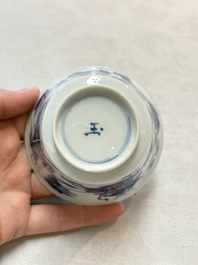 A Chinese blue and white 'Mongolian hunting' cup and saucer, jade mark, Kangxi