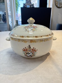 A Chinese famille rose armorial tureen and cover with the arms of Backwell quartering Tyringham for the English market, Yongzheng/Qianlong