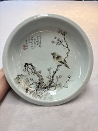 A Chinese qianjiang cai dish with a bird on a branch, signed Cheng Men 程門, dated 1878