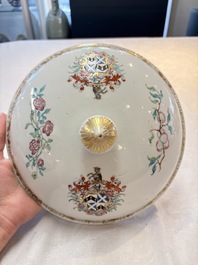 A Chinese famille rose armorial tureen and cover with the arms of Backwell quartering Tyringham for the English market, Yongzheng/Qianlong