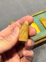 Five small Chinese tianhuang seals with a box, Eryue Xuan 二樂軒, Xinyu 心畬, Fu Ru 溥儒, Jiu Wangsun 舊王孫 and Luoshi Huiguan 羅室會館 mark, 19/20th C.