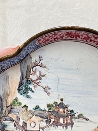 A pair of Chinese Canton enamel quadrifoil 'river landscape' saucers, Yi Qi 亦奇 mark, 18th C.