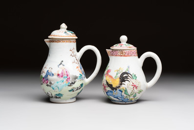 Three fine Chinese famille rose covered milk jugs and a grisaille and iron-red-decorated tea caddy with silver cover, Yongzheng/Qianlong