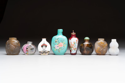 A varied collection of eight Chinese snuff bottles, Qianlong mark, 20th C.