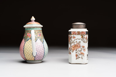 Three fine Chinese famille rose covered milk jugs and a grisaille and iron-red-decorated tea caddy with silver cover, Yongzheng/Qianlong
