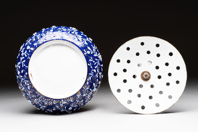A Persian enamel and bone-inlaid frame, and an enamel flower holder, 19/20th C.