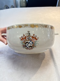 A Chinese famille rose armorial tureen and cover with the arms of Backwell quartering Tyringham for the English market, Yongzheng/Qianlong