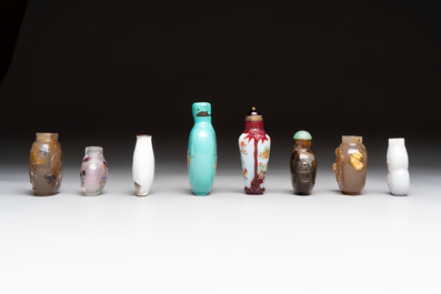 A varied collection of eight Chinese snuff bottles, Qianlong mark, 20th C.