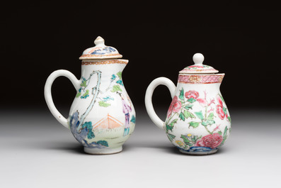 Three fine Chinese famille rose covered milk jugs and a grisaille and iron-red-decorated tea caddy with silver cover, Yongzheng/Qianlong