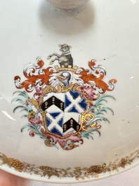 A Chinese famille rose armorial tureen and cover with the arms of Backwell quartering Tyringham for the English market, Yongzheng/Qianlong