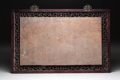 A large Chinese famille rose plaque with plum blossom design in wooden frame, signed Wang Heting 王鹤亭, dated 1984