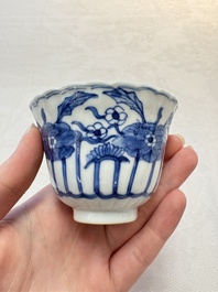 A set of six Chinese blue and white cups and saucers with floral design, Kangxi mark, 19th C.