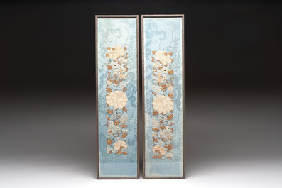 A fine Chinese kesi square 'dragon' panel and two silk embroideries with floral design, 19th C.