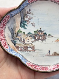 A pair of Chinese Canton enamel quadrifoil 'river landscape' saucers, Yi Qi 亦奇 mark, 18th C.