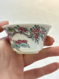 A set of six Chinese famille rose 'peonies' cups and saucers, Yongzheng/Qianlong