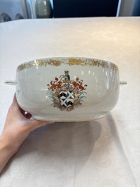 A Chinese famille rose armorial tureen and cover with the arms of Backwell quartering Tyringham for the English market, Yongzheng/Qianlong