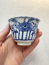 A set of six Chinese blue and white cups and saucers with floral design, Kangxi mark, 19th C.