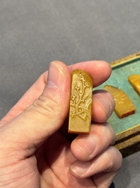 Five small Chinese tianhuang seals with a box, Eryue Xuan 二樂軒, Xinyu 心畬, Fu Ru 溥儒, Jiu Wangsun 舊王孫 and Luoshi Huiguan 羅室會館 mark, 19/20th C.