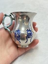 A pair of Chinese enamelled silver handled cups, Zu Wen 足紋 mark, 20th C.
