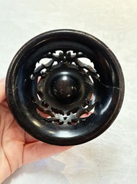 A Chinese archaistic bronze censer with a wooden cover, Xuande mark, 19th C.