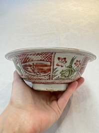 A Chinese Swatow wucai 'klapmuts' bowl with a duck, Ming