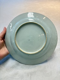 A Chinese Imari-style 'lady and boys' plate and a famille verte 'lotus' plate, Kangxi/Yongzheng