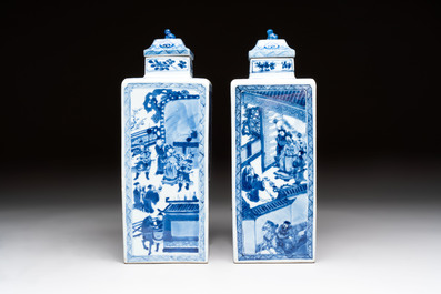 A pair of Chinese blue and white square flasks and covers with narrative design, Kangxi