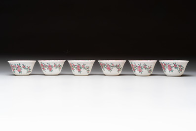A set of six Chinese famille rose 'peonies' cups and saucers, Yongzheng/Qianlong