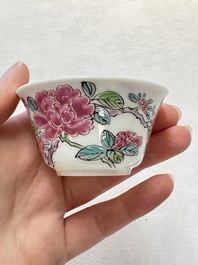A set of six Chinese famille rose 'peonies' cups and saucers, Yongzheng/Qianlong
