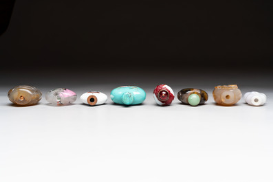 A varied collection of eight Chinese snuff bottles, Qianlong mark, 20th C.