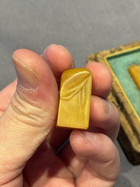 Five small Chinese tianhuang seals with a box, Eryue Xuan 二樂軒, Xinyu 心畬, Fu Ru 溥儒, Jiu Wangsun 舊王孫 and Luoshi Huiguan 羅室會館 mark, 19/20th C.