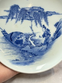A Chinese blue and white plate with a couple along the water, Ya Zhi 雅製 mark, Kangxi/Yongzheng