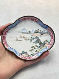 A pair of Chinese Canton enamel quadrifoil 'river landscape' saucers, Yi Qi 亦奇 mark, 18th C.