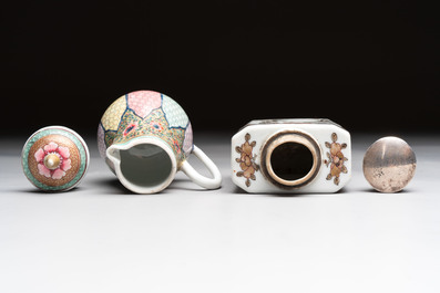 Three fine Chinese famille rose covered milk jugs and a grisaille and iron-red-decorated tea caddy with silver cover, Yongzheng/Qianlong