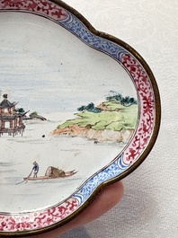 A pair of Chinese Canton enamel quadrifoil 'river landscape' saucers, Yi Qi 亦奇 mark, 18th C.
