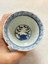 A set of six Chinese blue and white cups and saucers with floral design, Kangxi mark, 19th C.