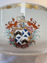 A Chinese famille rose armorial tureen and cover with the arms of Backwell quartering Tyringham for the English market, Yongzheng/Qianlong