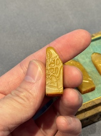 Five small Chinese tianhuang seals with a box, Eryue Xuan 二樂軒, Xinyu 心畬, Fu Ru 溥儒, Jiu Wangsun 舊王孫 and Luoshi Huiguan 羅室會館 mark, 19/20th C.