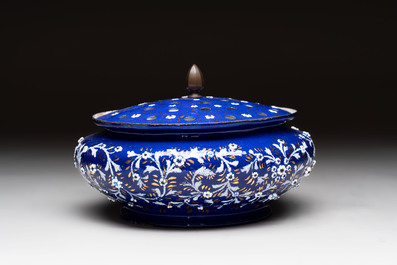 A Persian enamel and bone-inlaid frame, and an enamel flower holder, 19/20th C.