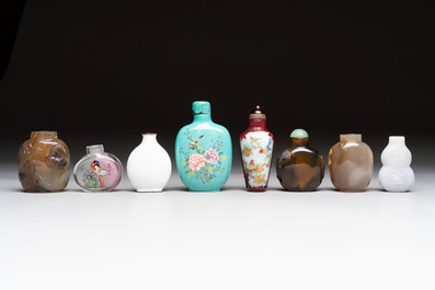 A varied collection of eight Chinese snuff bottles, Qianlong mark, 20th C.