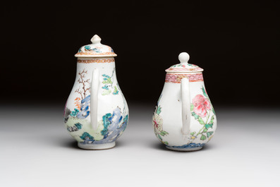 Three fine Chinese famille rose covered milk jugs and a grisaille and iron-red-decorated tea caddy with silver cover, Yongzheng/Qianlong