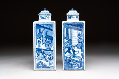 A pair of Chinese blue and white square flasks and covers with narrative design, Kangxi