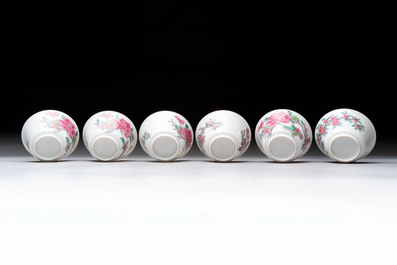 A set of six Chinese famille rose 'peonies' cups and saucers, Yongzheng/Qianlong