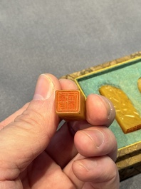 Five small Chinese tianhuang seals with a box, Eryue Xuan 二樂軒, Xinyu 心畬, Fu Ru 溥儒, Jiu Wangsun 舊王孫 and Luoshi Huiguan 羅室會館 mark, 19/20th C.