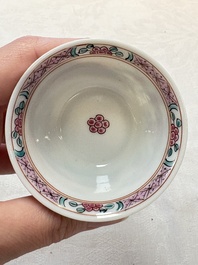 A set of six Chinese famille rose 'peonies' cups and saucers, Yongzheng/Qianlong
